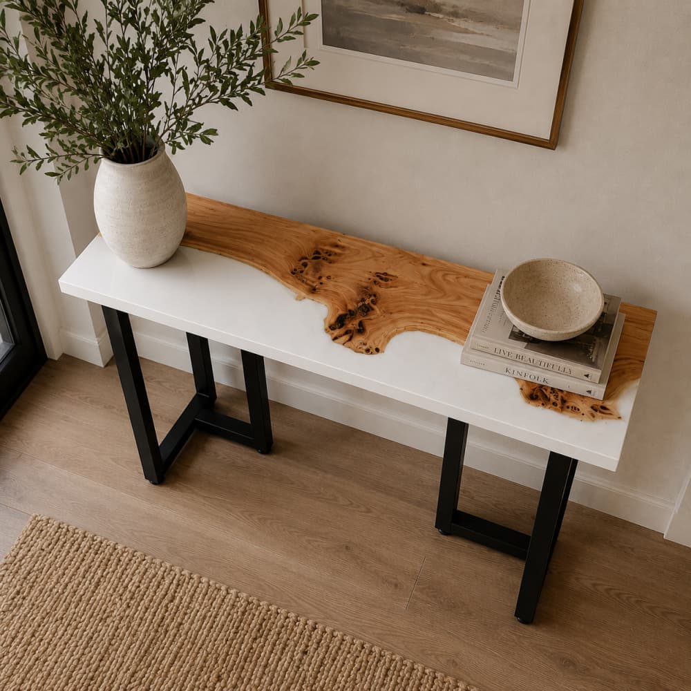 Modern poplar resin side table with white epoxy top and black metal base