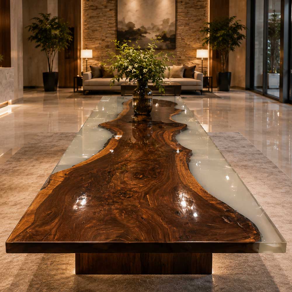 Luxury interior with a large wooden dining table and modern decor.