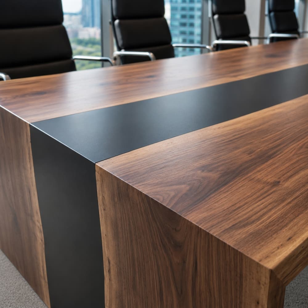 Close-up top view of the matte black epoxy resin river flowing between the rich, natural grain lines of a live edge black walnut tabletop