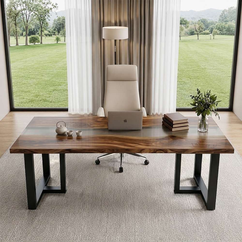Modern walnut office table with gray epoxy resin centerpiece for executive workspace