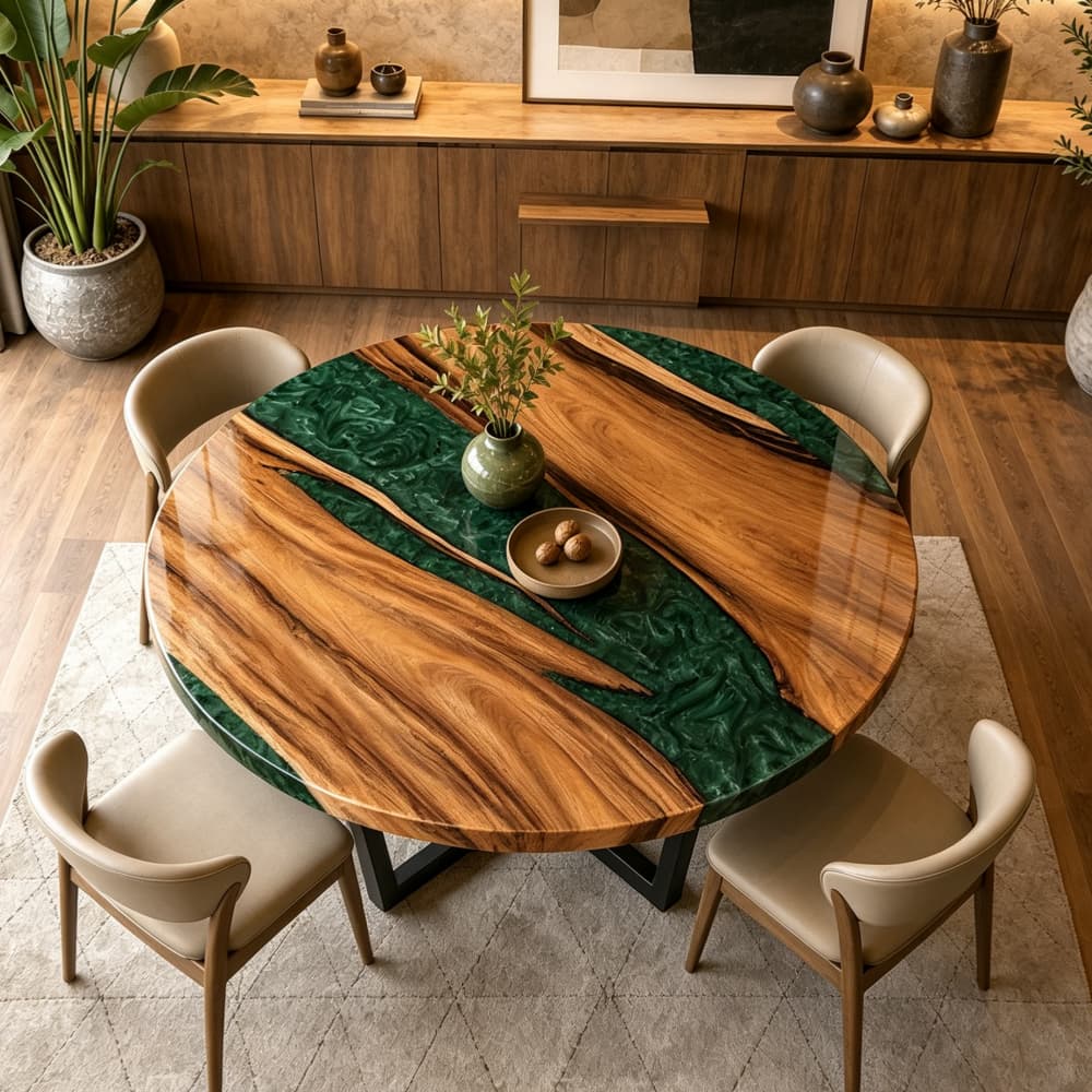 Large circular live edge walnut coffee table featuring a dark emerald green resin river in a sophisticated mid-century modern lounge
