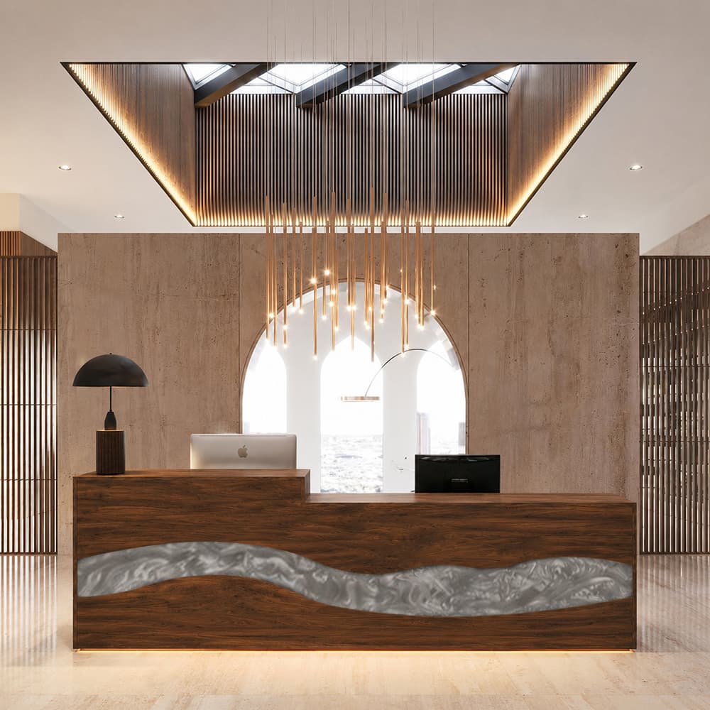 Luxury walnut front desk with silver epoxy resin for a modern reception area