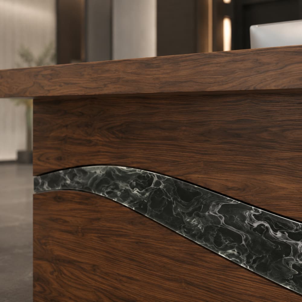 Modern welcome desk with black walnut wood grain and flowing titanium silver resin inlay