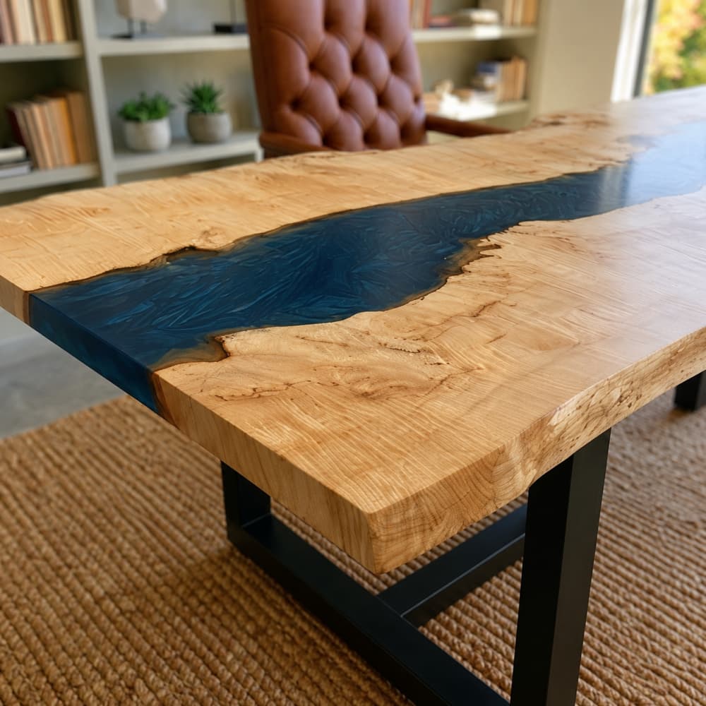 Modern home study desk showcasing a poplar slab and navy blue resin design