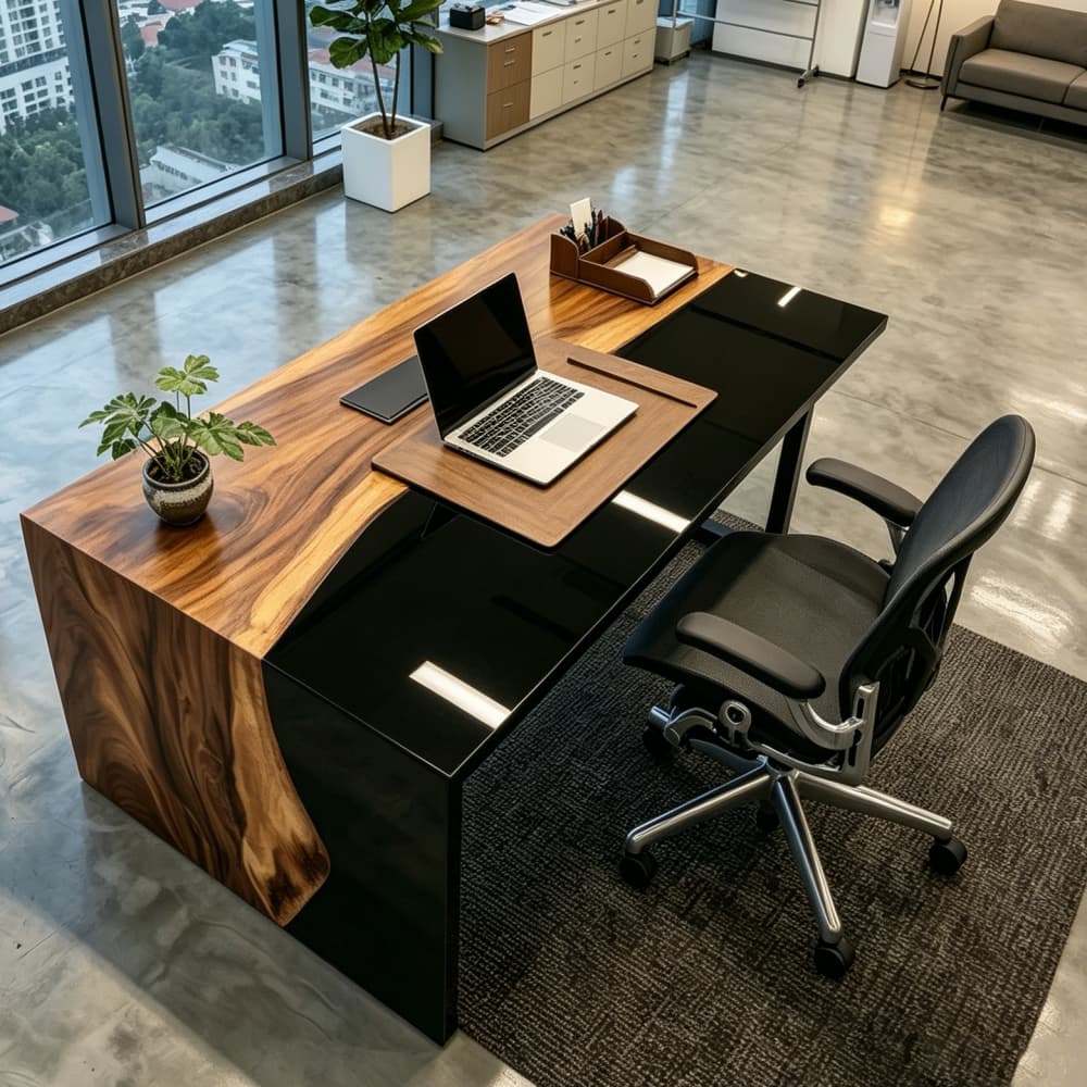 Professional home office table made of black walnut and matte black epoxy