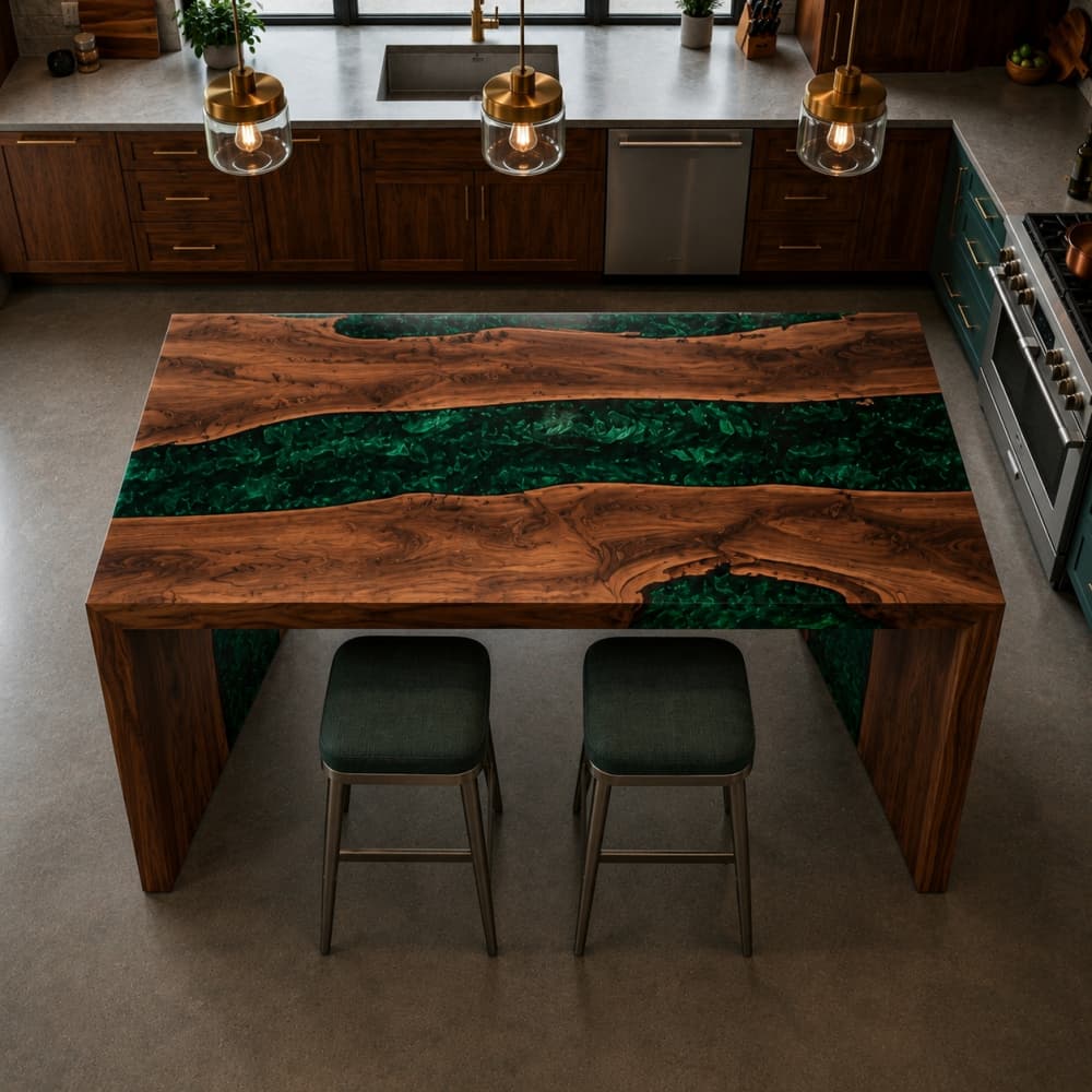 Modern walnut and green epoxy kitchen prep station designed for social homes