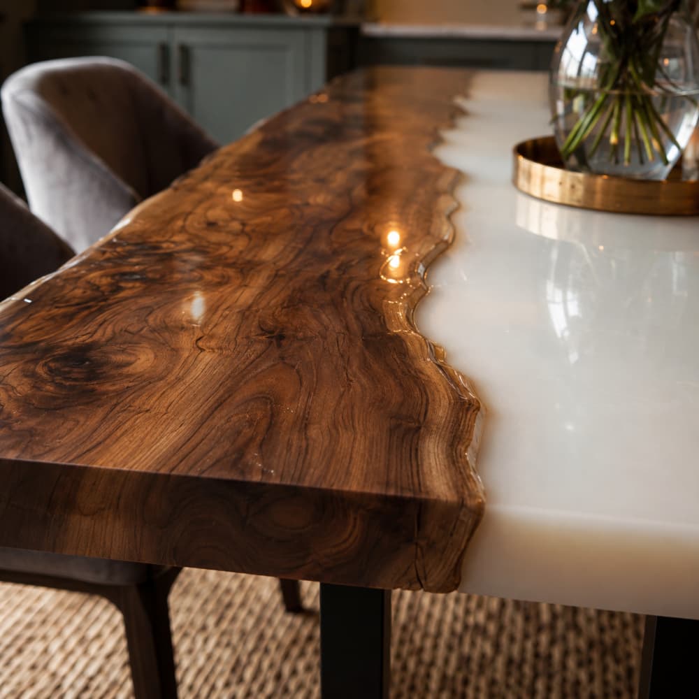 Modern walnut dining furniture with contrasting ivory river center
