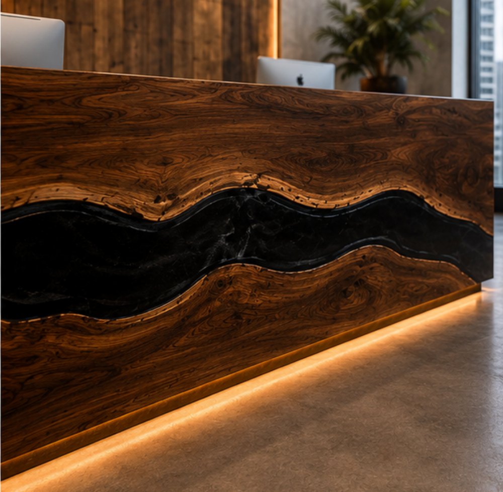 Modern black walnut front desk with flowing gunmetal swirl resin design