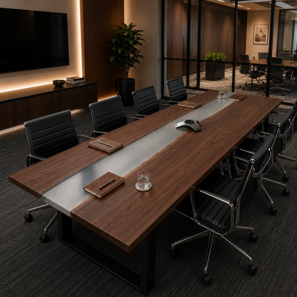 Modern walnut boardroom table with a soft frosted resin center inlay