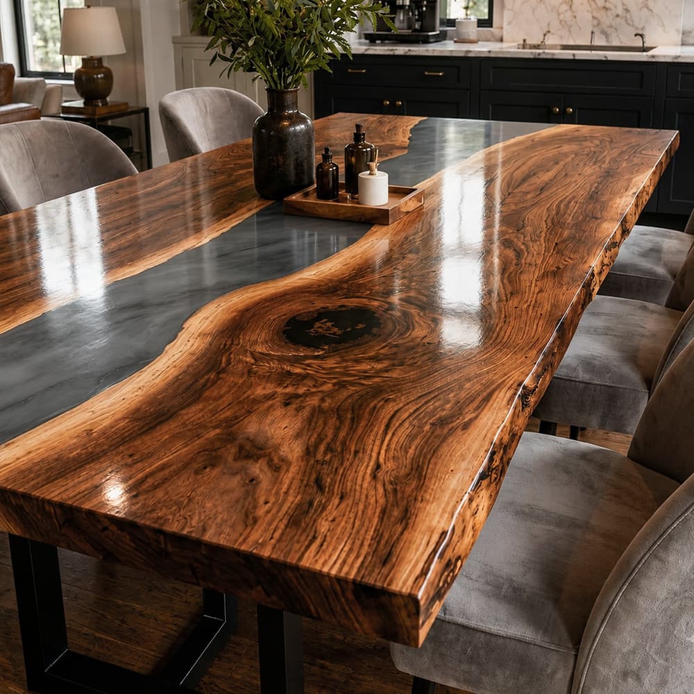 Modern dining table crafted from figured walnut and smoke gray epoxy