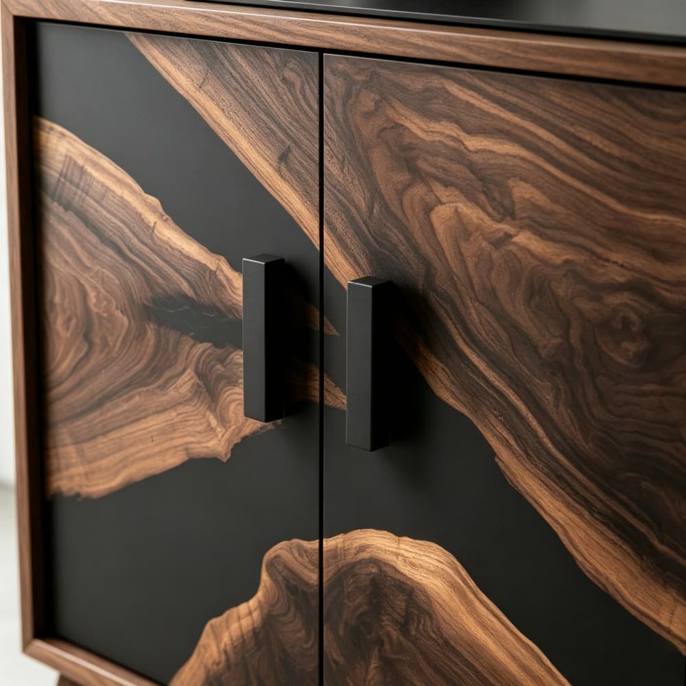 Modern black walnut and black resin storage cabinet for executive offices, conference rooms, and professional workspaces.
