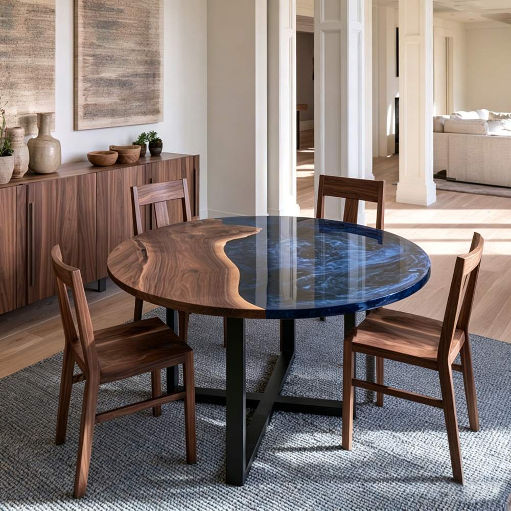 Elegant handcrafted dining centerpiece combining solid walnut with artistic blue epoxy for contemporary interiors