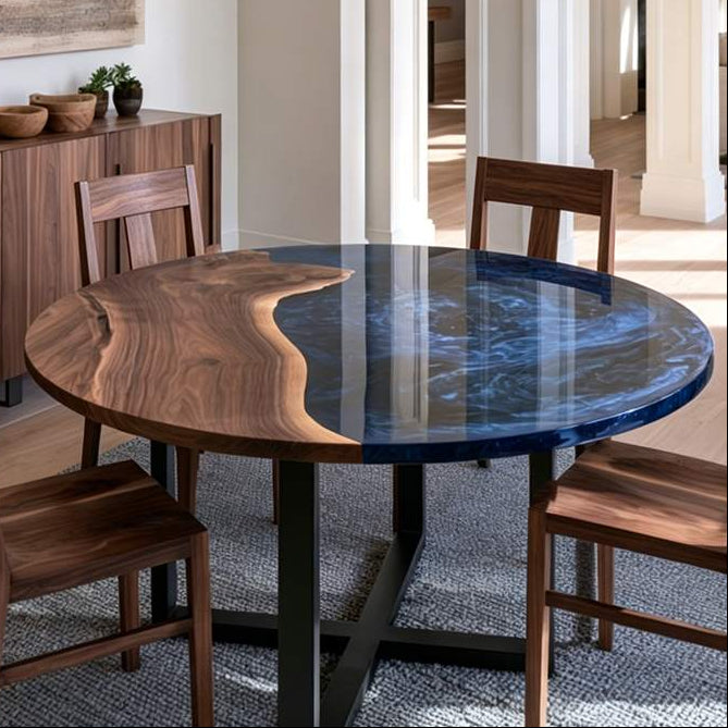 Elegant handcrafted dining centerpiece combining solid walnut with artistic blue epoxy for contemporary interiors
