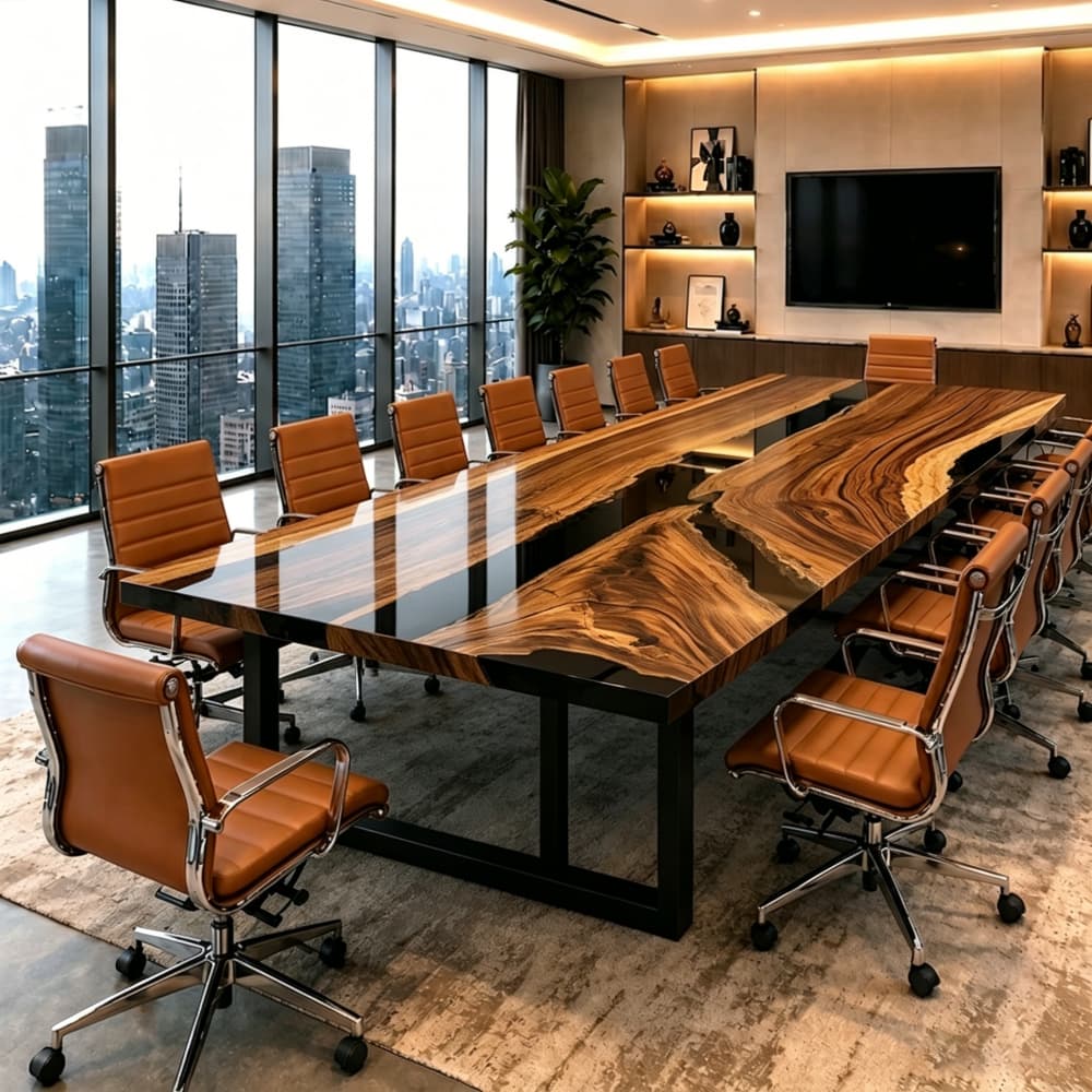 Modern walnut river table optimized for executive boardrooms and strategy sessions