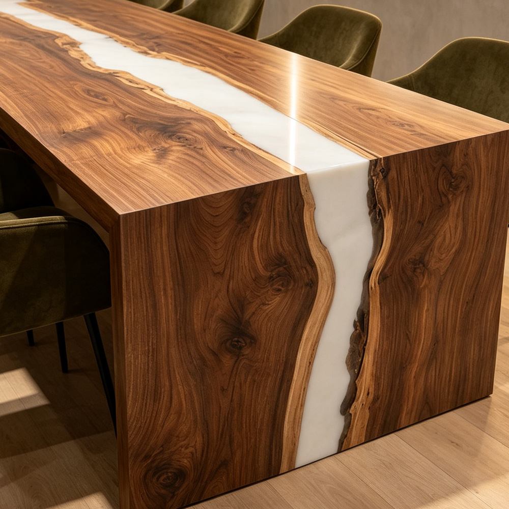 Modern black walnut epoxy conference table with a white resin river, square edge profile, and waterfall construction