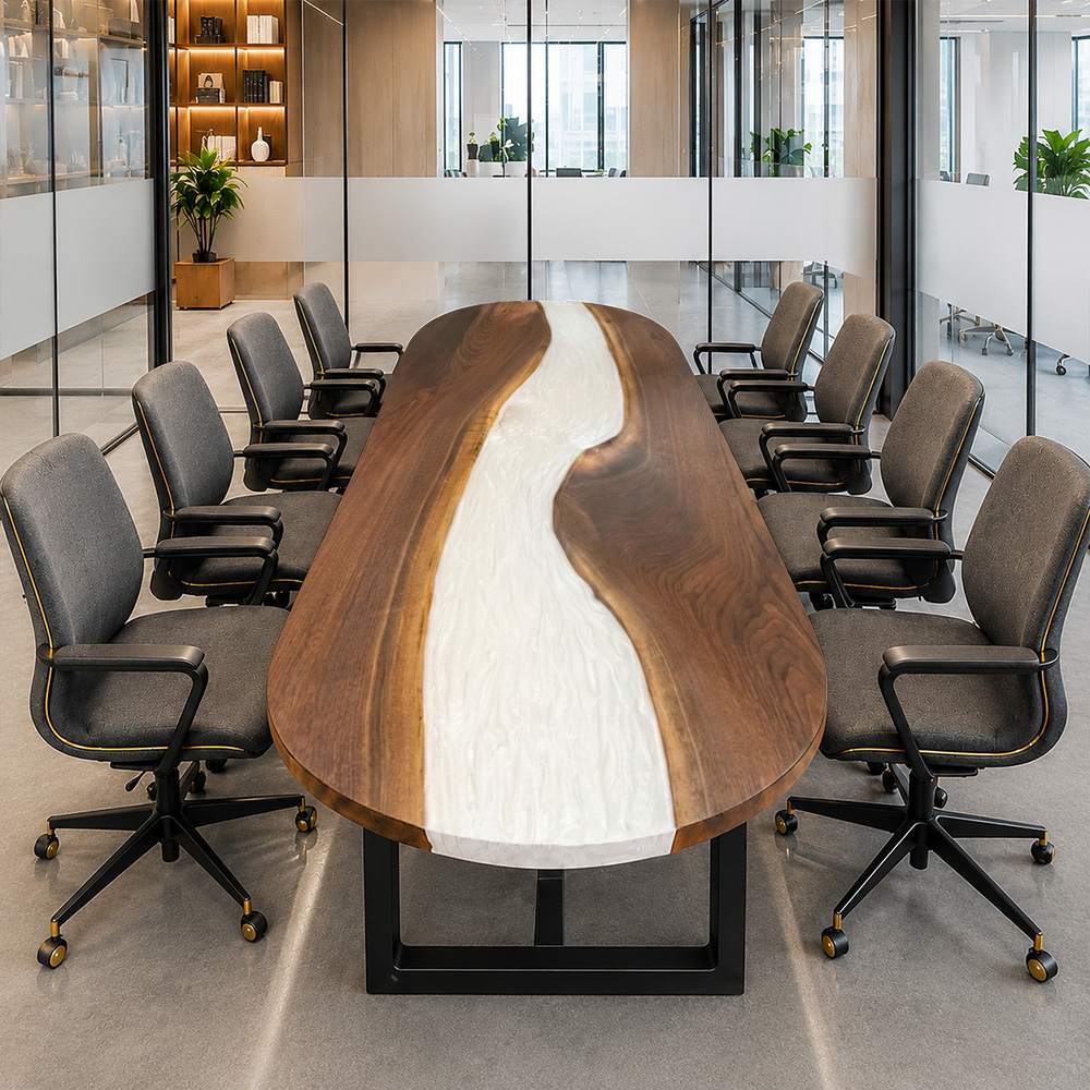 High-end meeting room furniture featuring seamless white resin river