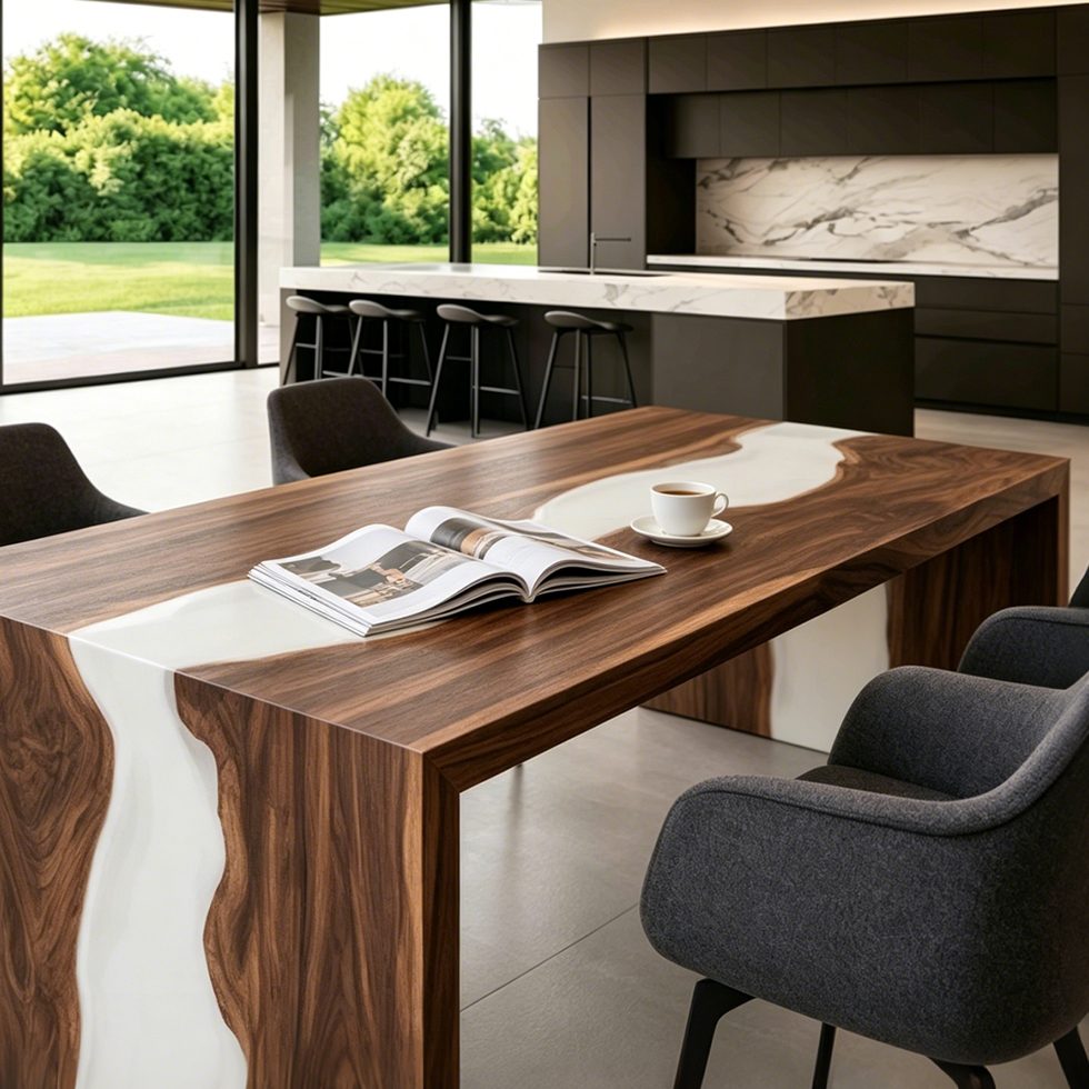 Contemporary hardwood dining furniture with opaque white resin and clean waterfall edges