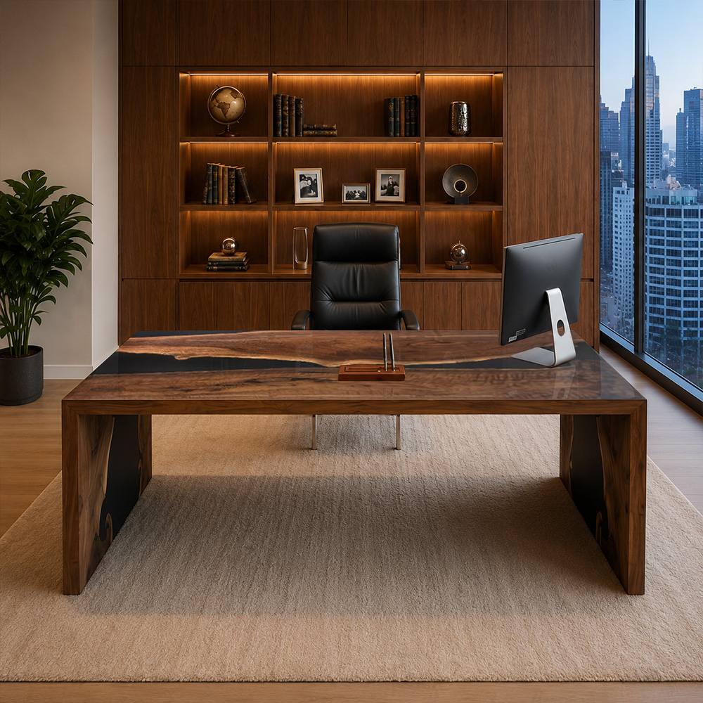 Modern wood and epoxy executive desk for a high-end home office, with natural black walnut grain and deep black resin sections