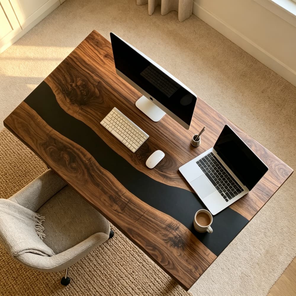 Contemporary home office furniture featuring a walnut slab and black resin inlay