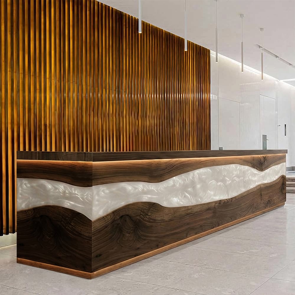 A side-angle profile highlighting the thick timber slab assembly and clean structural integration of the custom epoxy wave facade