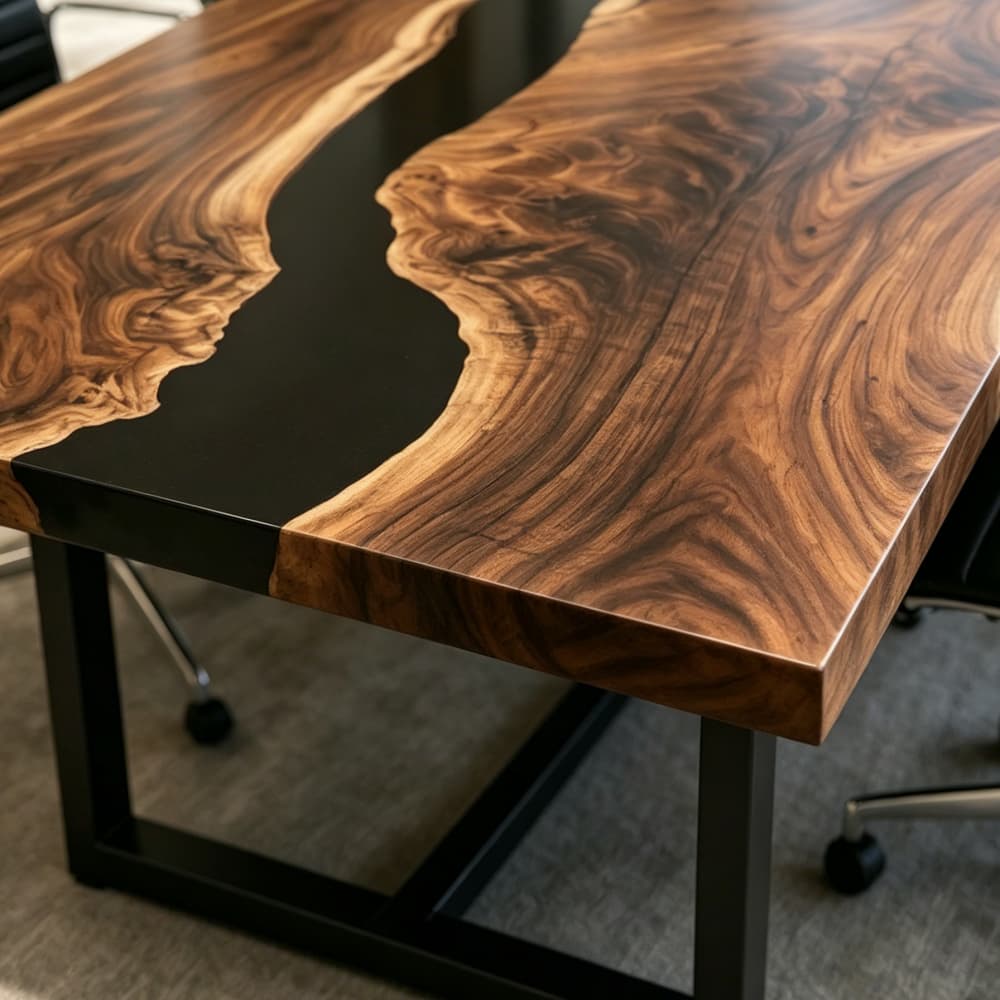 Corporate boardroom table featuring black epoxy inlay, natural walnut texture, and professional seating layout