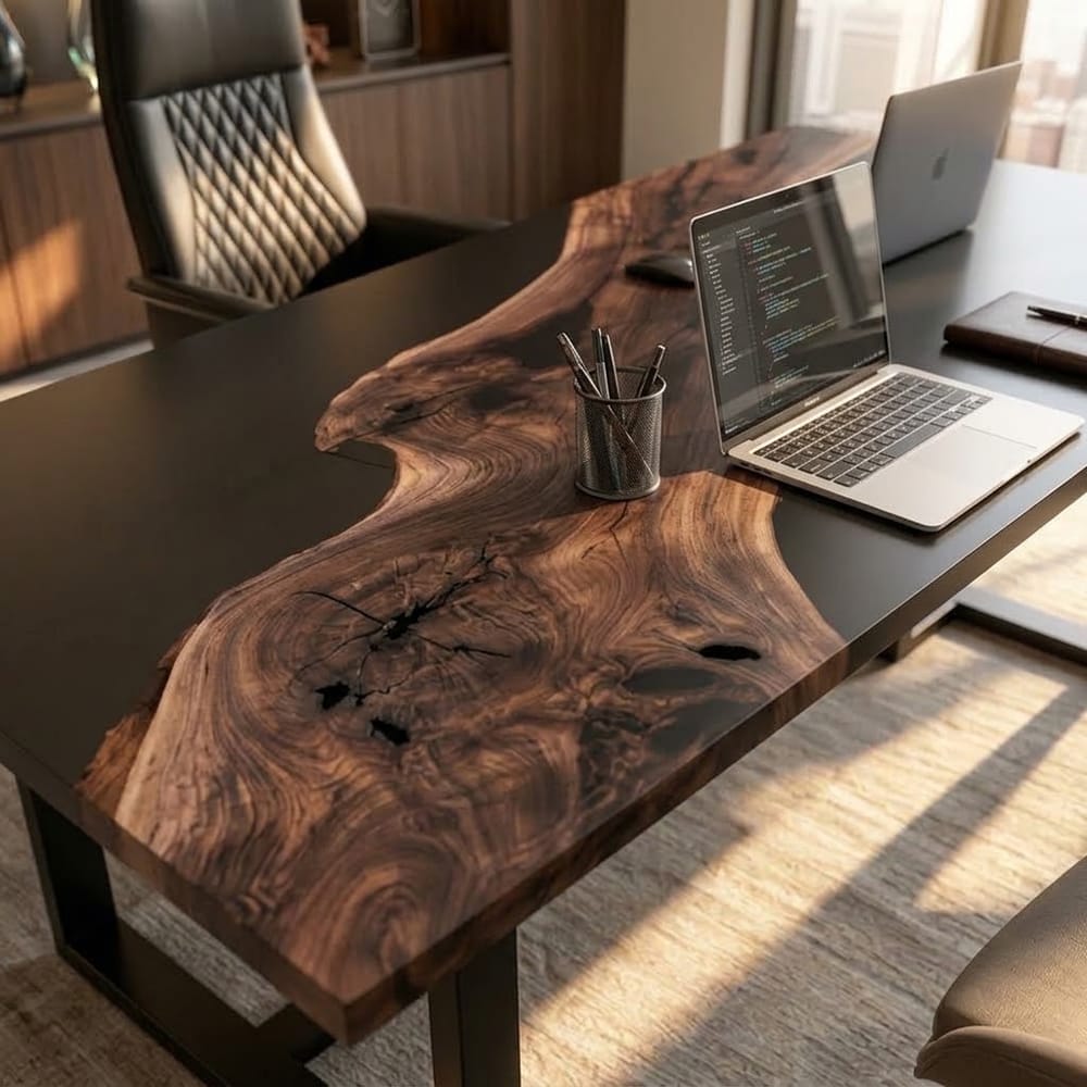 Natural black walnut grain flowing through a black epoxy resin executive desk for a one-of-a-kind desktop design.