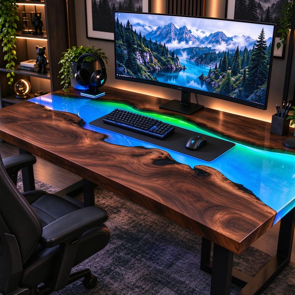 Rich black walnut wood grain with warm brown tones and organic patterns on a handcrafted solid wood epoxy gaming desk.