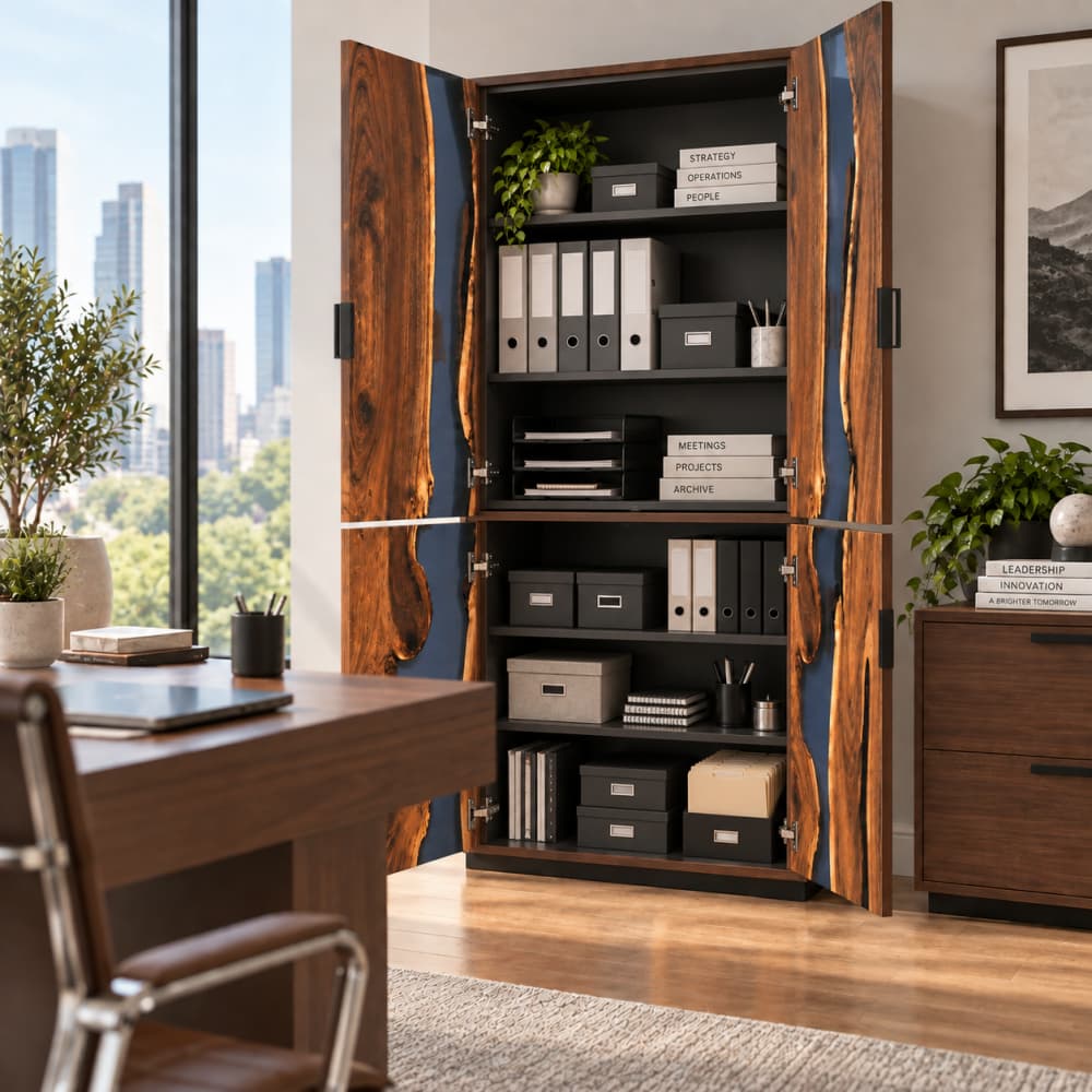 Natural-edge Black Walnut cabinet with smoky gray resin highlighting knots, grain movement, and organic slab contours
