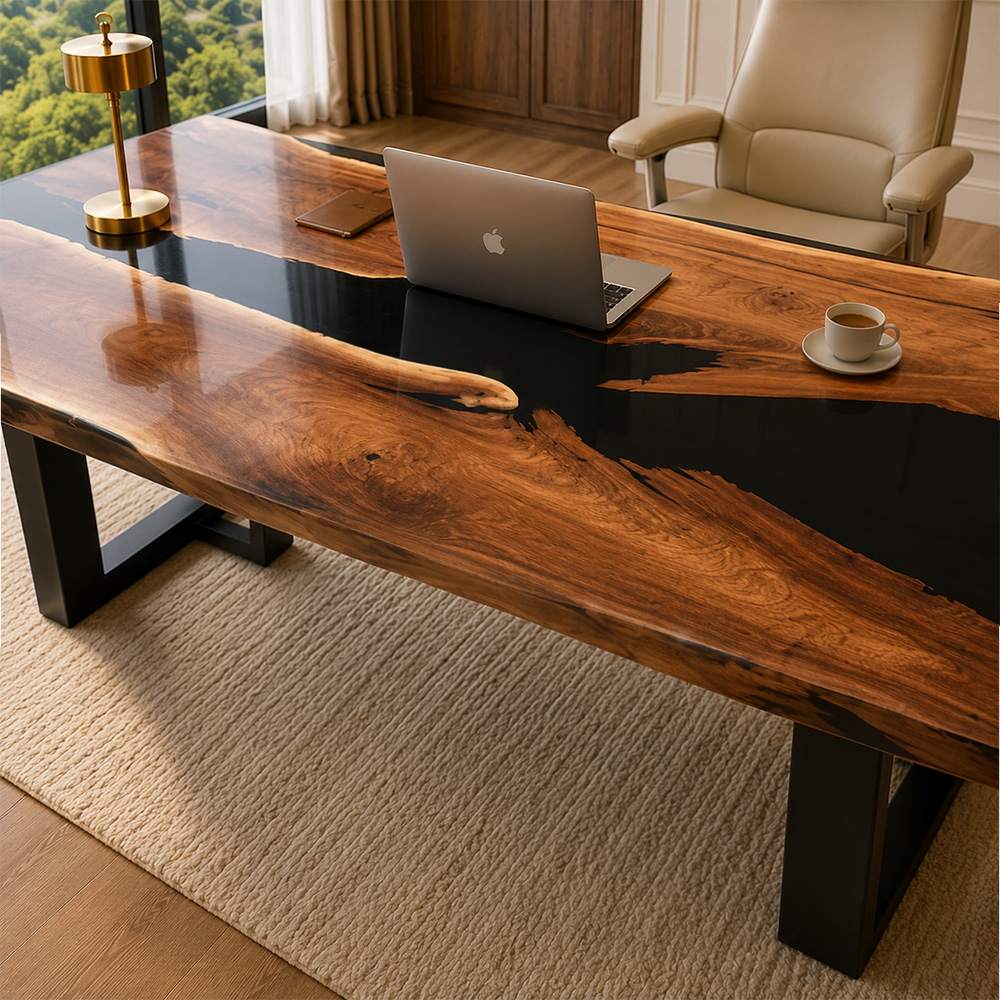 Authentic American black walnut wood grain textures on office desk