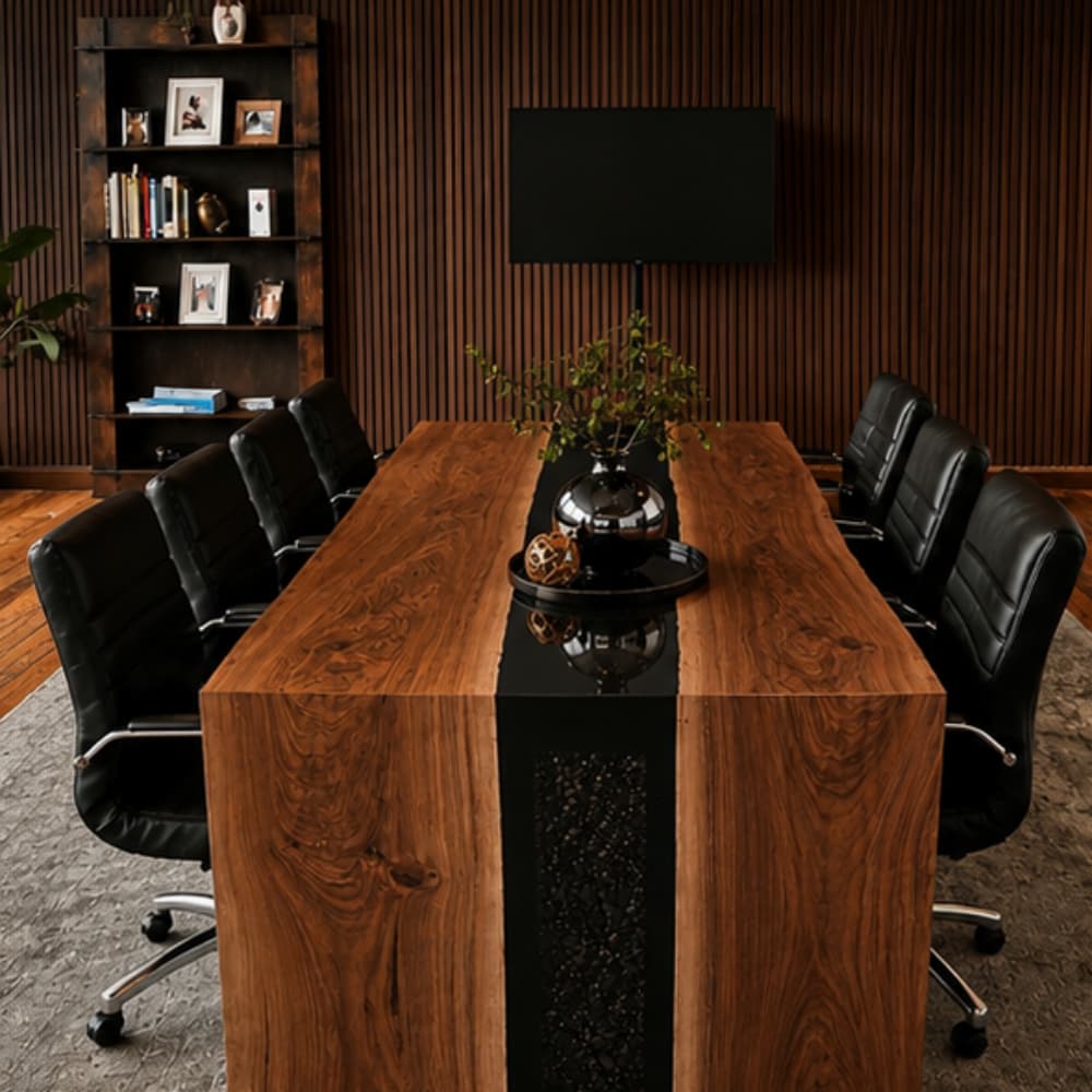 Close-up detail of polished natural dark pebble stones encased in reflective black epoxy channel on thick solid walnut boardroom tabletop