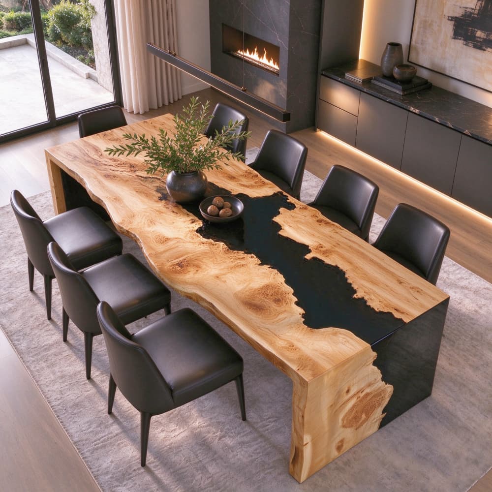 Close-up of swirling natural poplar wood grain meeting glossy black epoxy resin on a handcrafted live edge tabletop.