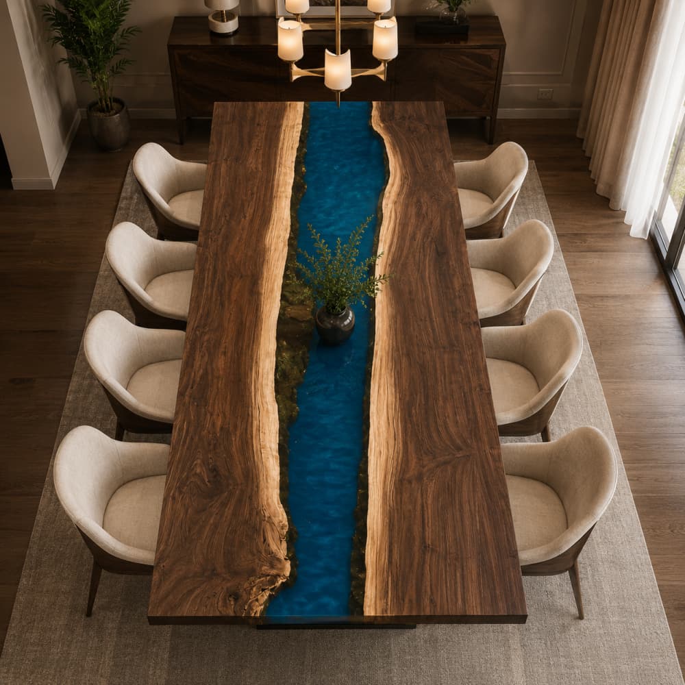 Central surface close-up showcasing raw natural rock and bark fragments embedded inside wide clear ocean-blue epoxy strip sandwiched between two massive walnut live edge timber slabs