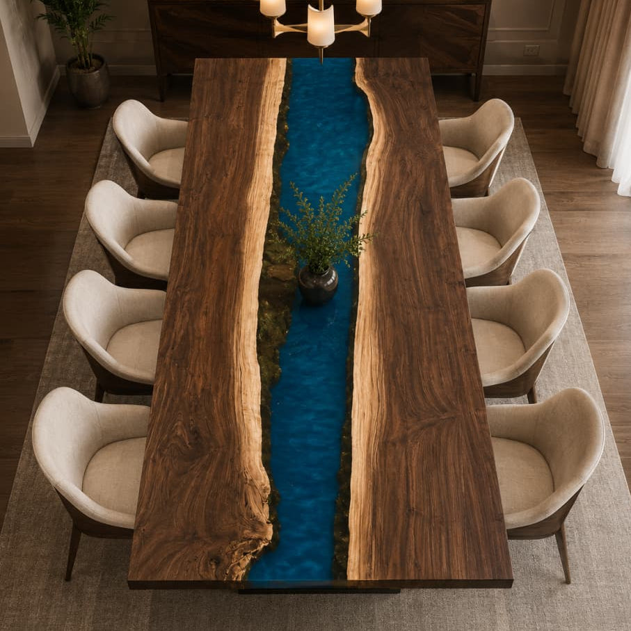 Central surface close-up showcasing raw natural rock and bark fragments embedded inside wide clear ocean-blue epoxy strip sandwiched between two massive walnut live edge timber slabs