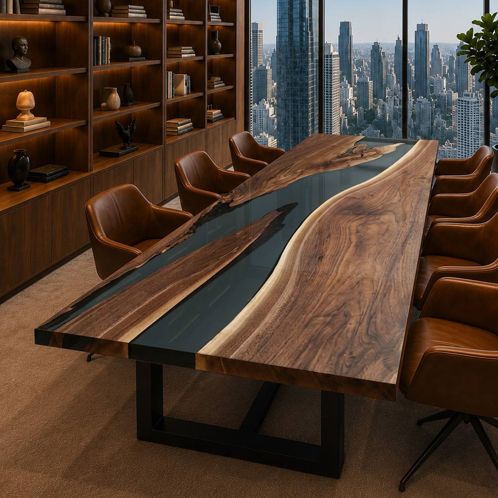 Wide angle of a natural walnut and black resin conference table in a modern office