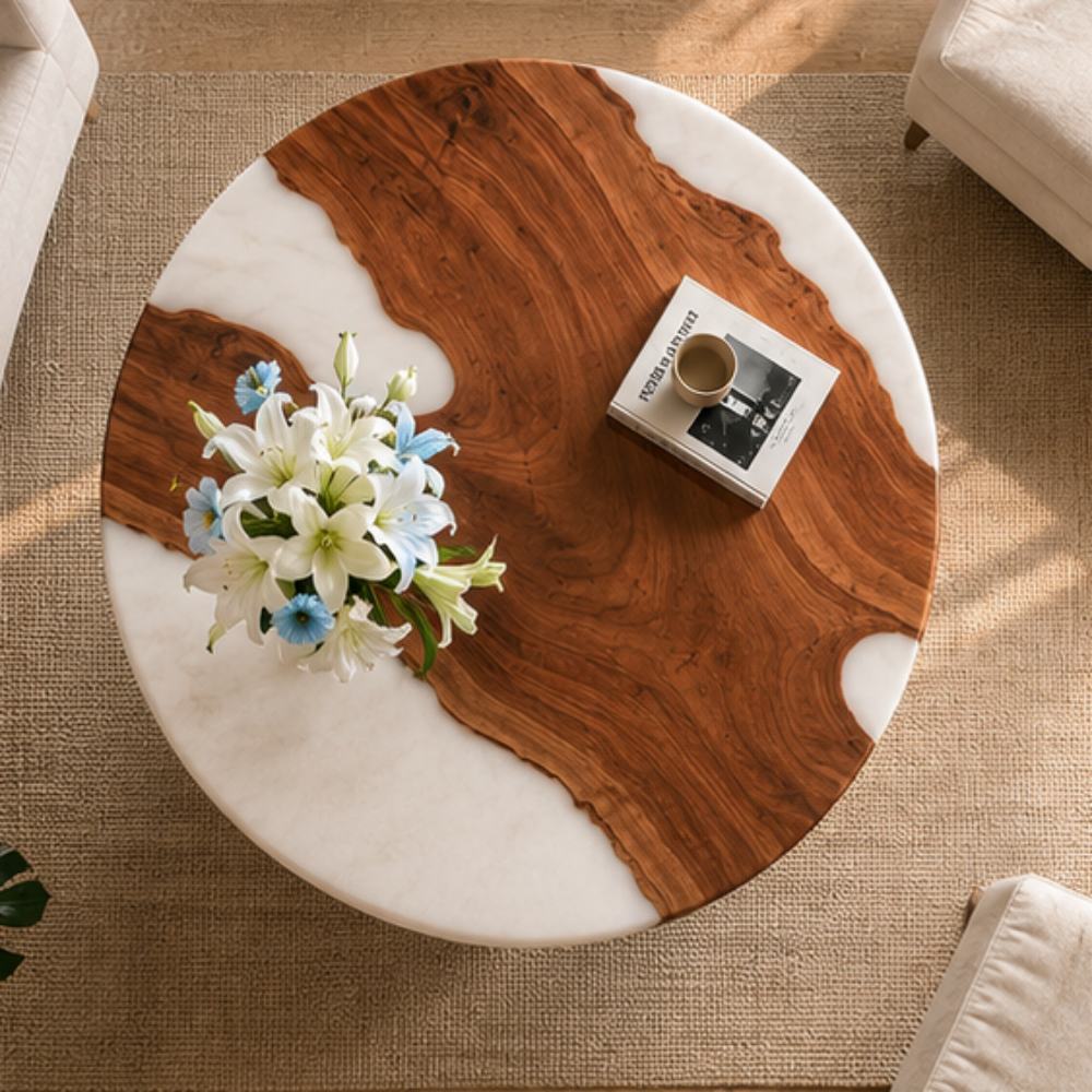 Sun-dappled tabletop styling with clear glass vase of white lilies and pale blue blooms, paired with hardcover art book and ceramic neutral mug atop round walnut milky epoxy coffee table