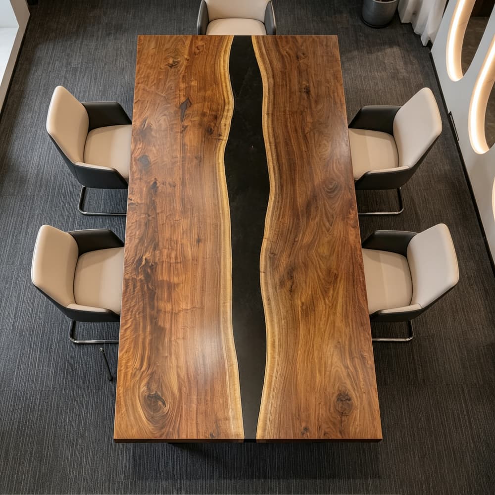 Close-up of natural walnut grain, knots, and color variation on a handcrafted epoxy meeting table for corporate interiors