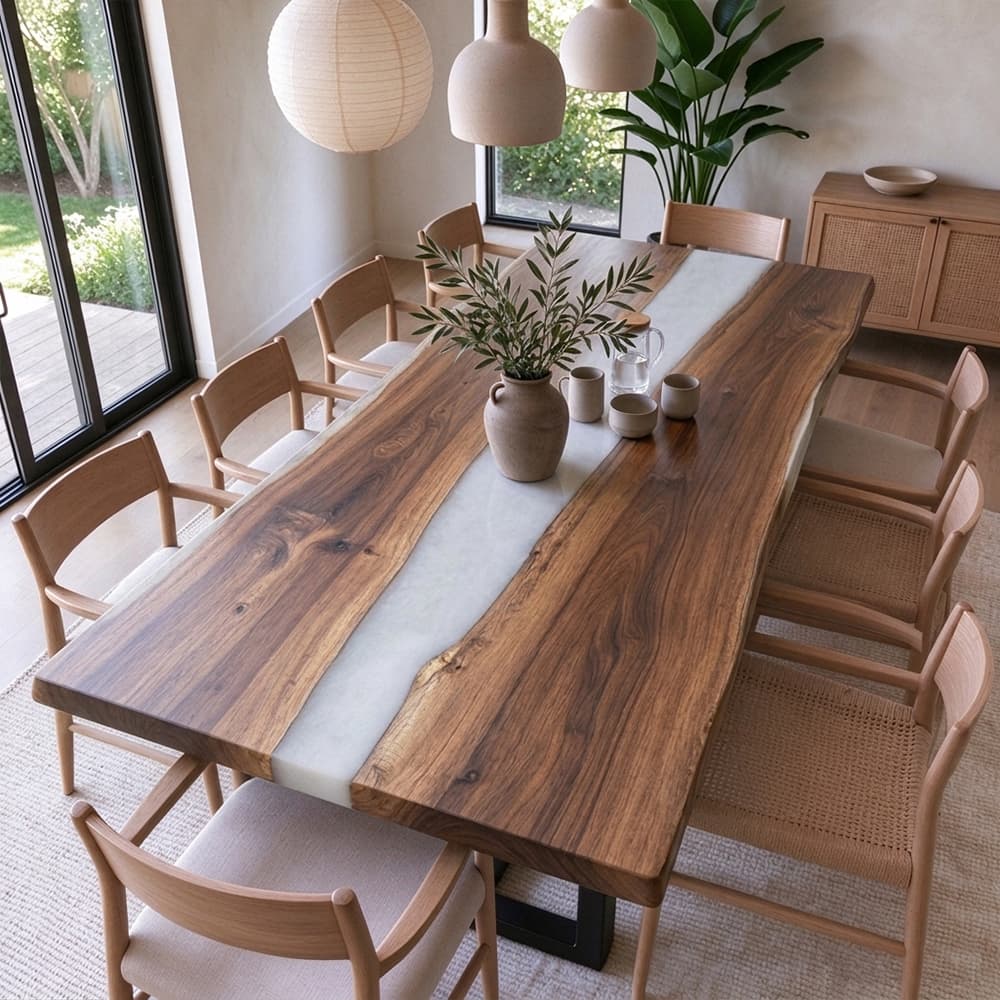 Rich natural walnut grain with warm brown tones and unique organic patterns on a handcrafted solid wood and resin river dining table.