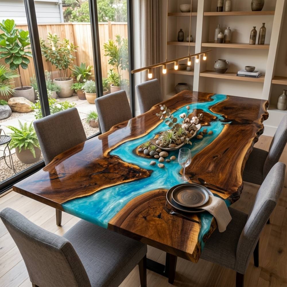 Natural solid wood grain surrounding a flowing multi-tone blue resin design