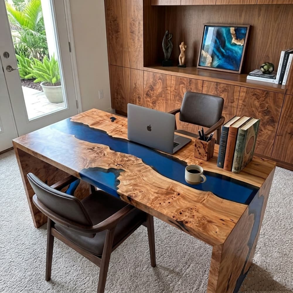 Navy blue poplar epoxy waterfall desk with natural wood grain for a modern home office workspace