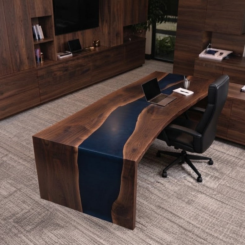 Navy blue resin and solid black walnut office desk with waterfall-style side panels