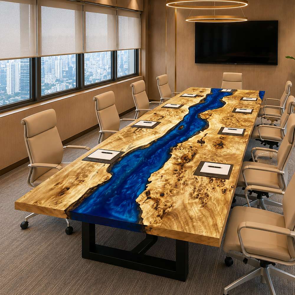 Poplar conference table with a navy blue water ripple epoxy river placed in a modern boardroom with clean architectural lines