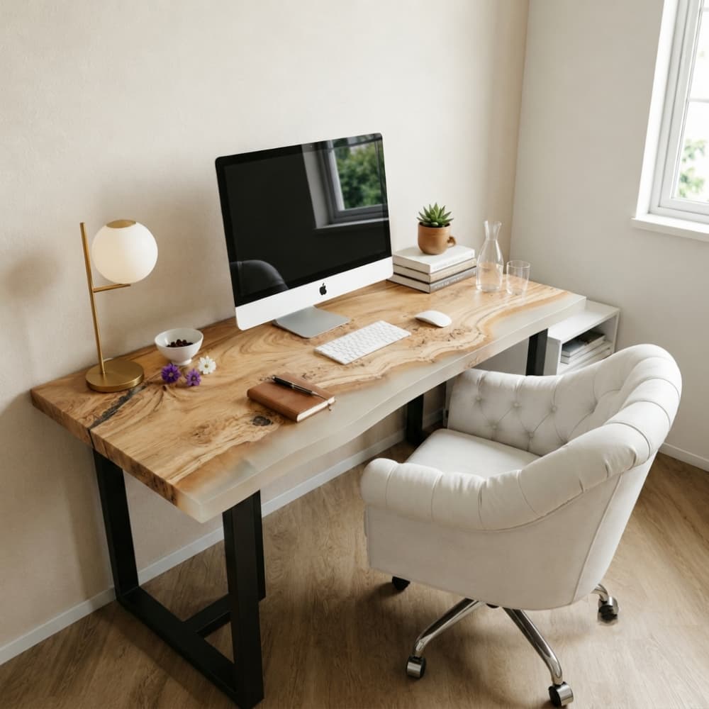 Nordic poplar wood home office desk with matte white epoxy resin inlay