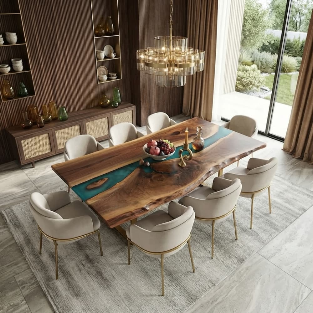 Hand‑made North‑American black walnut teal epoxy river dining table