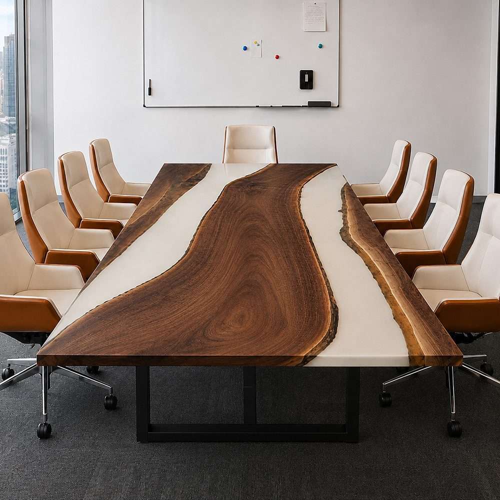 North American black walnut boardroom table featuring white epoxy resin, rich brown grain, and a custom office layout