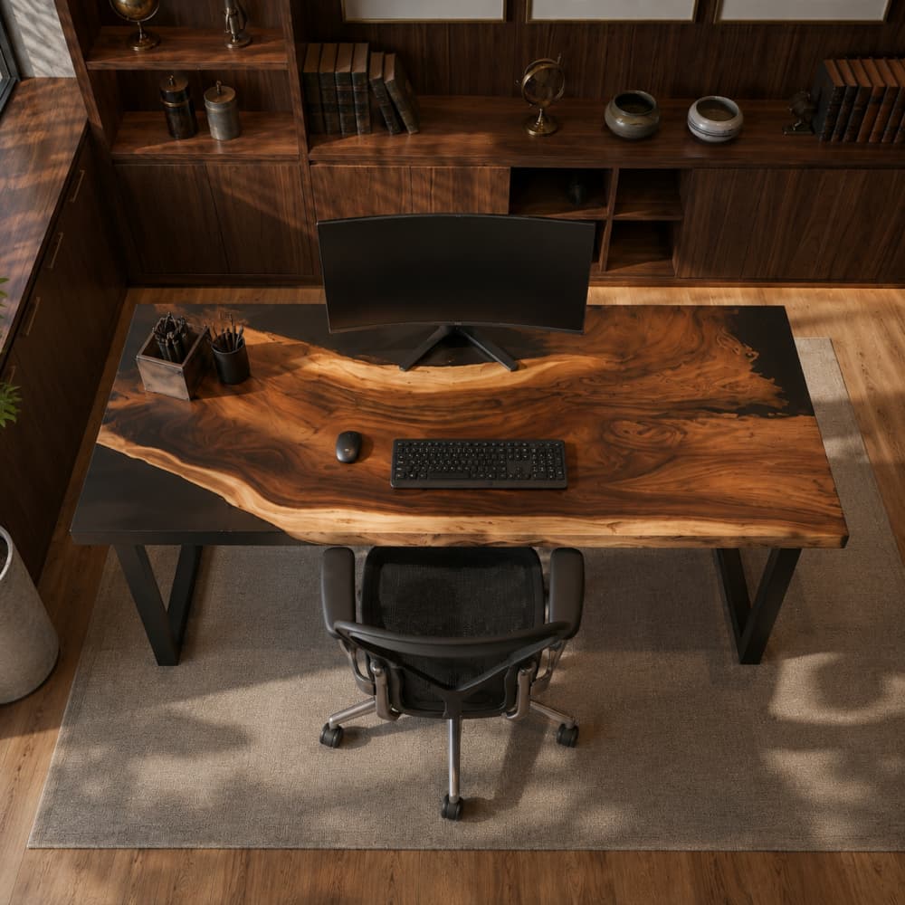 Matte black widescreen monitor, keyboard, and mouse placed on a sleek non-transparent black resin and walnut wood surface.