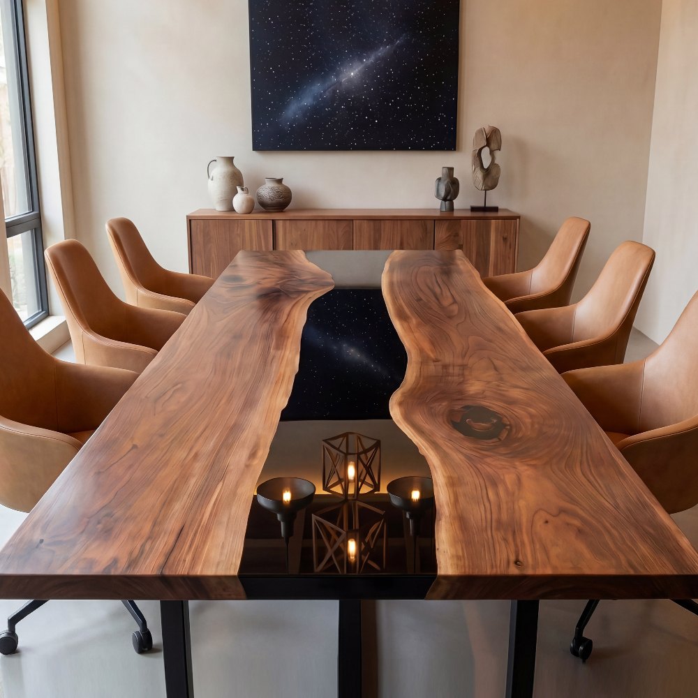Luxury black walnut river conference table with a wide black epoxy channel in an executive boardroom