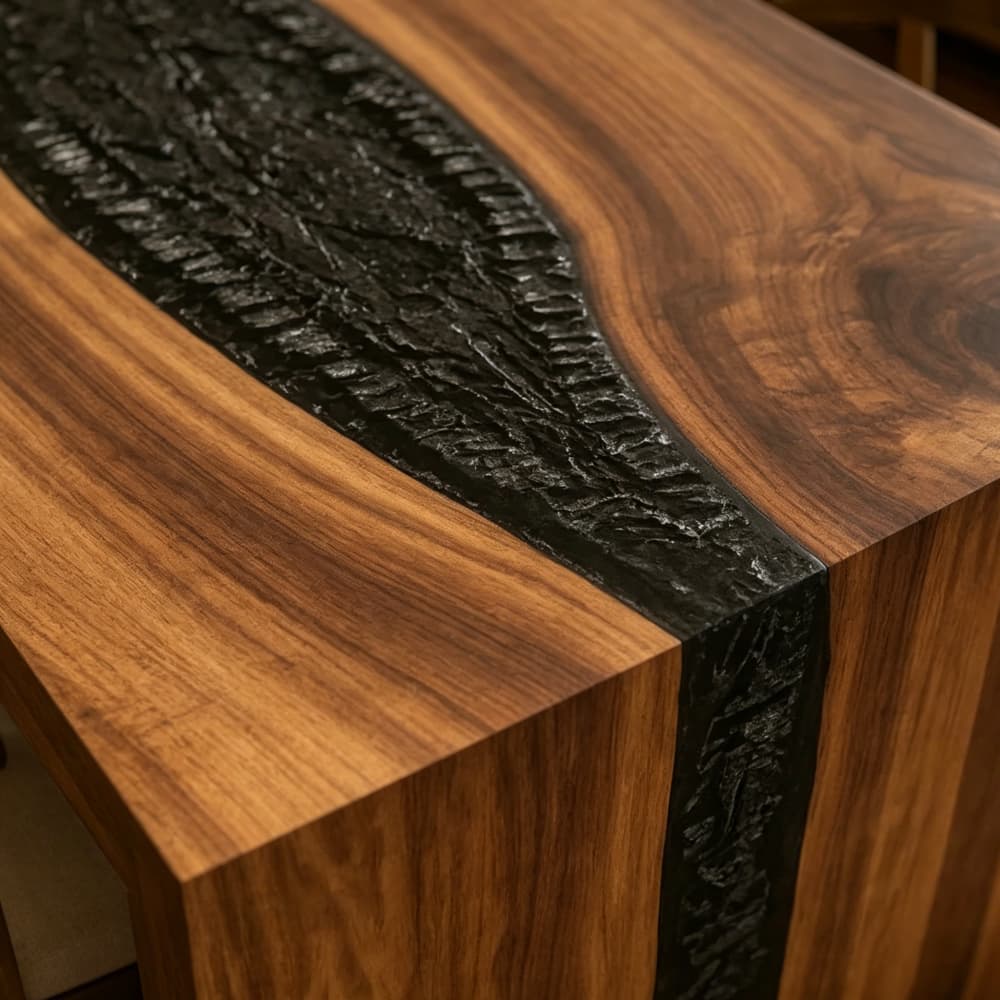 Obsidian resin river dining room table made with black walnut wood for upscale residential interiors
