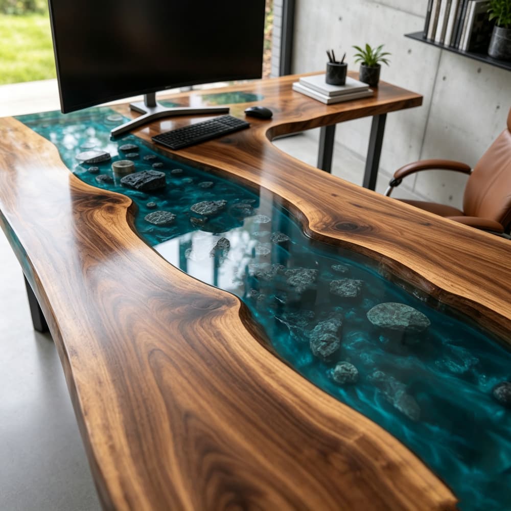 Ocean blue epoxy resin L-shaped office desk with flowing resin river design surrounded by natural Black Walnut.
