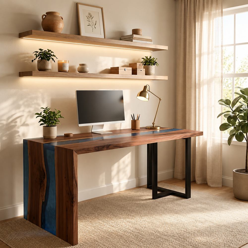 Blue resin waterfall desk featuring natural walnut grain, ocean-inspired color, and a single-sided waterfall construction