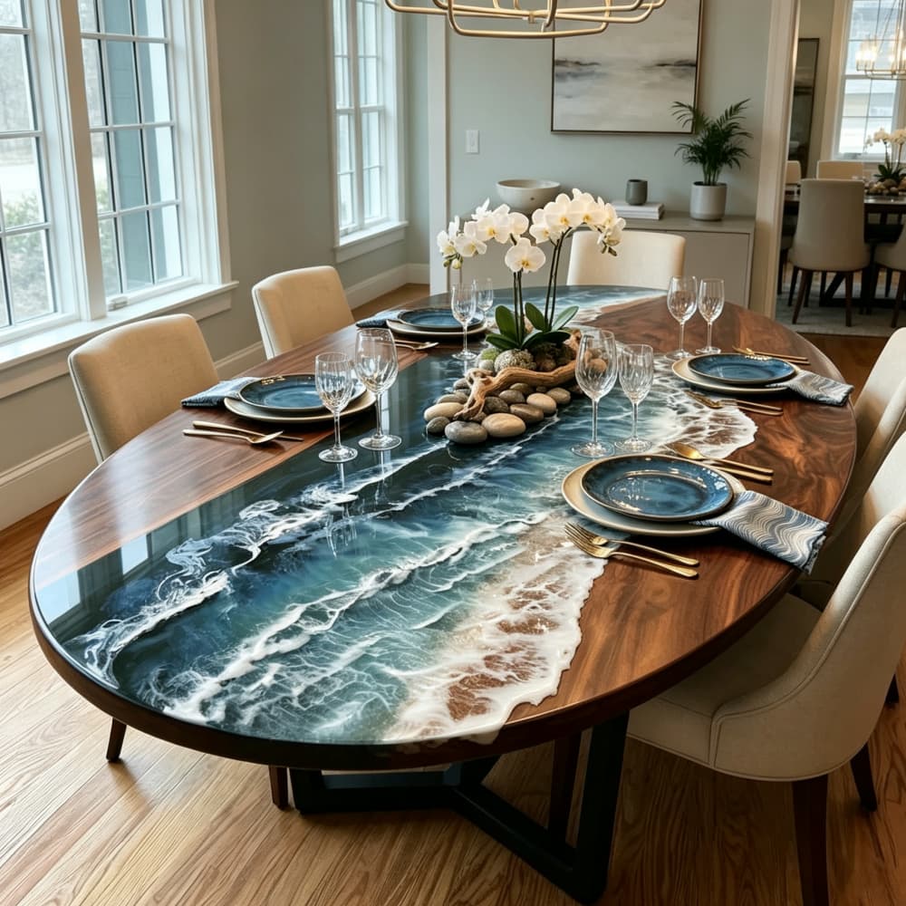Ocean-inspired blue epoxy resin flowing through a handcrafted solid wood dining table